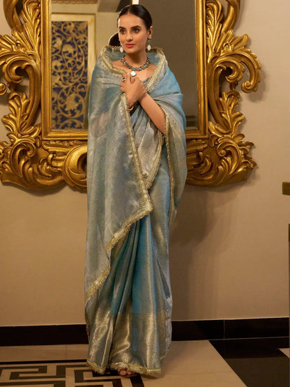 Sky Blue Tissue Shimmer Saree Roohri