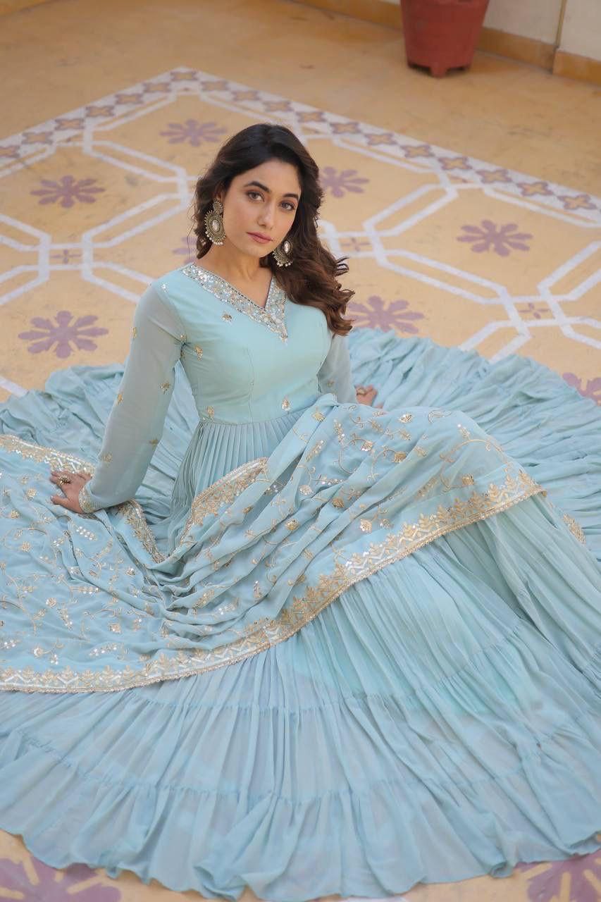 Sky Blue Anarkali Dupatta Set Roohri