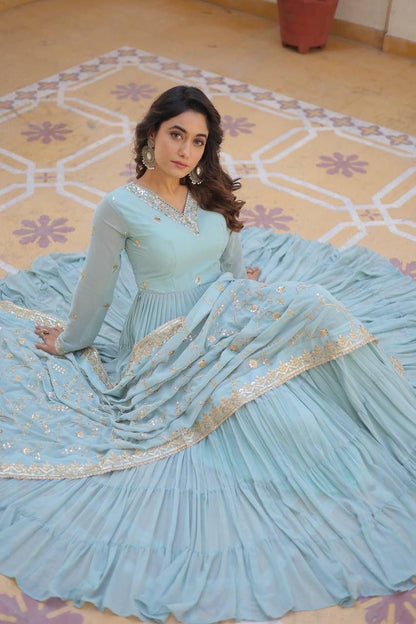 Sky Blue Anarkali Dupatta Set Roohri