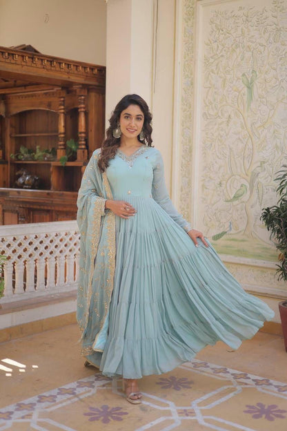 Sky Blue Anarkali Dupatta Set Roohri