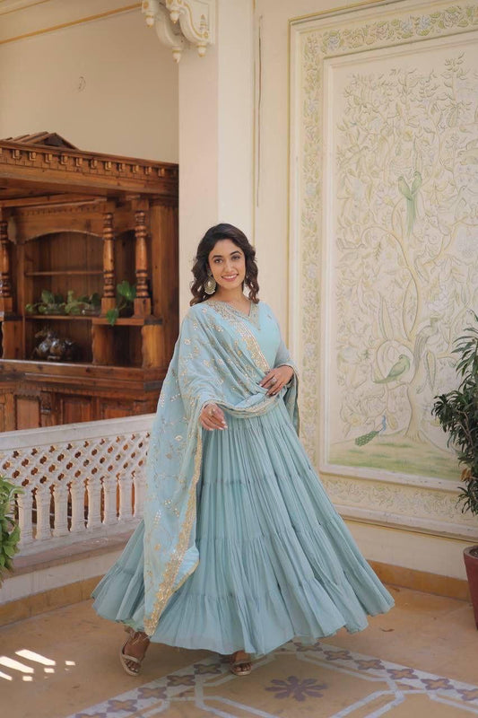 Sky Blue Anarkali Dupatta Set Roohri