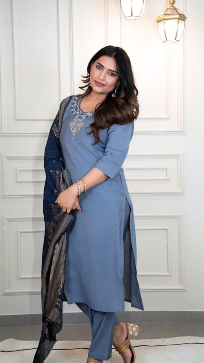 Steel Blue Embroidered Suit Set Roohri