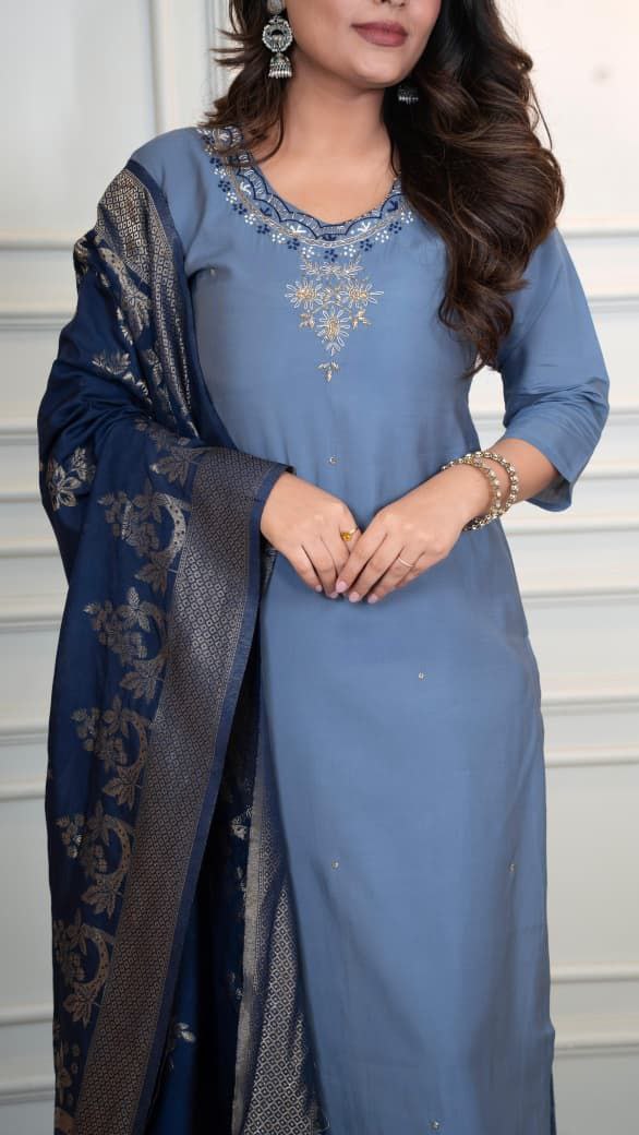 Steel Blue Embroidered Suit Set Roohri