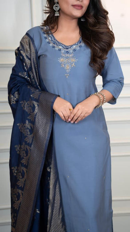 Steel Blue Embroidered Suit Set Roohri