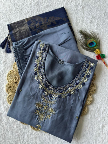 Steel Blue Embroidered Suit Set Roohri