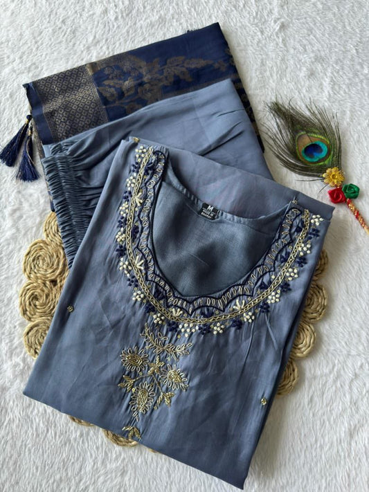 Steel Blue Embroidered Suit Set Roohri