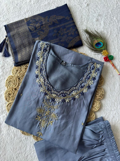 Steel Blue Embroidered Suit Set Roohri