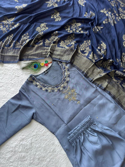 Steel Blue Embroidered Suit Set Roohri