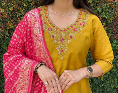 Stunning Yellow Embroidered Suit Set Roohri