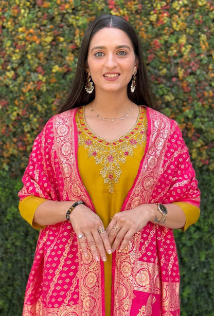 Stunning Yellow Embroidered Suit Set Roohri