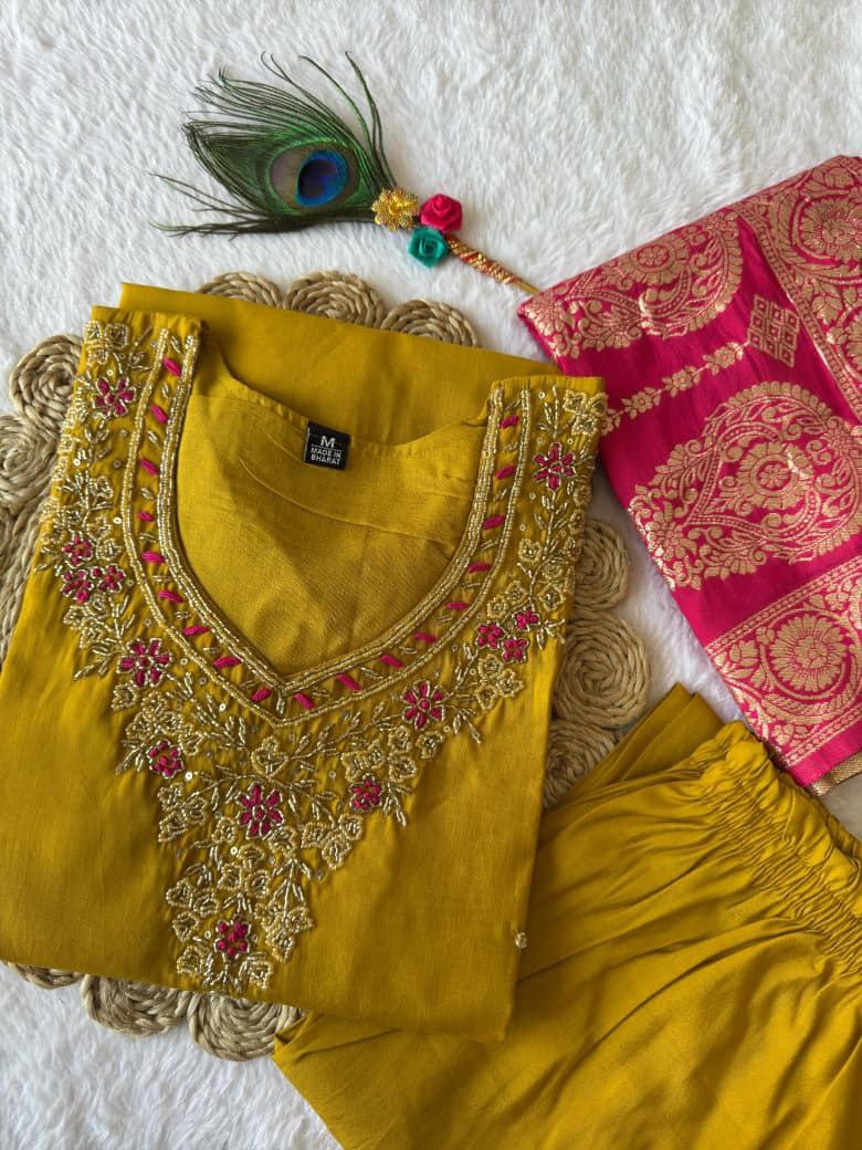 Stunning Yellow Embroidered Suit Set Roohri