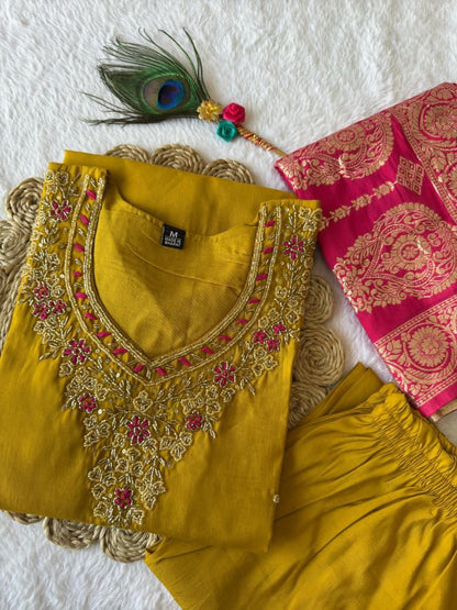 Stunning Yellow Embroidered Suit Set Roohri