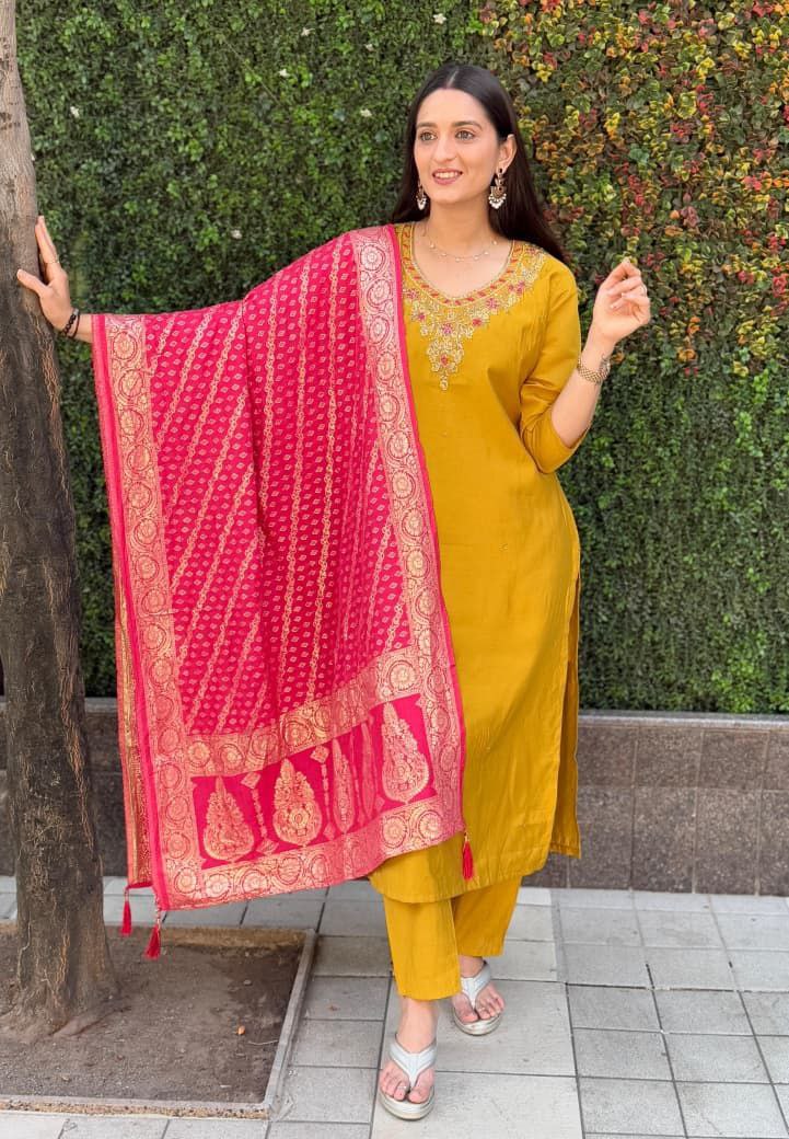 Stunning Yellow Embroidered Suit Set Roohri