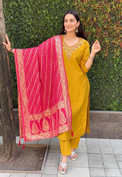 Stunning Yellow Embroidered Suit Set Roohri