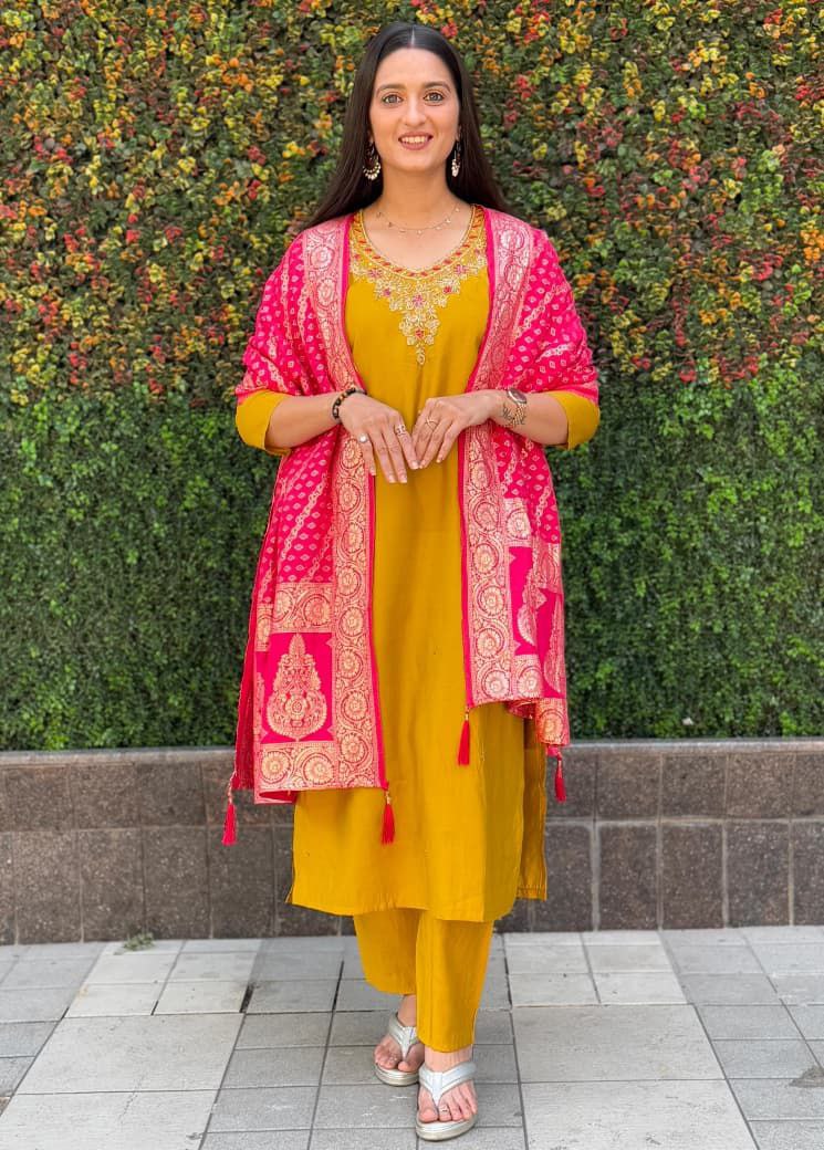 Stunning Yellow Embroidered Suit Set Roohri