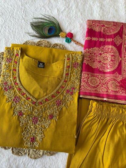 Stunning Yellow Embroidered Suit Set Roohri