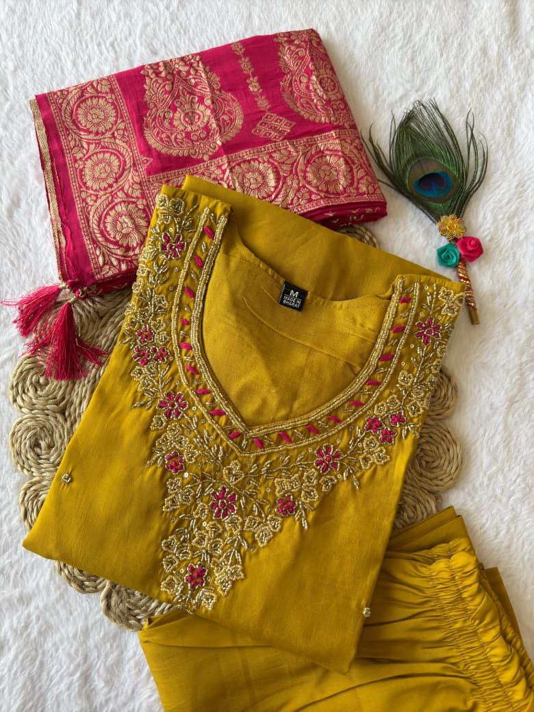 Stunning Yellow Embroidered Suit Set Roohri