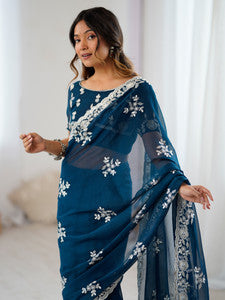 Teal Blue Georgette Saree Roohri