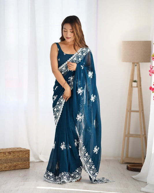 Teal Blue Georgette Saree Roohri