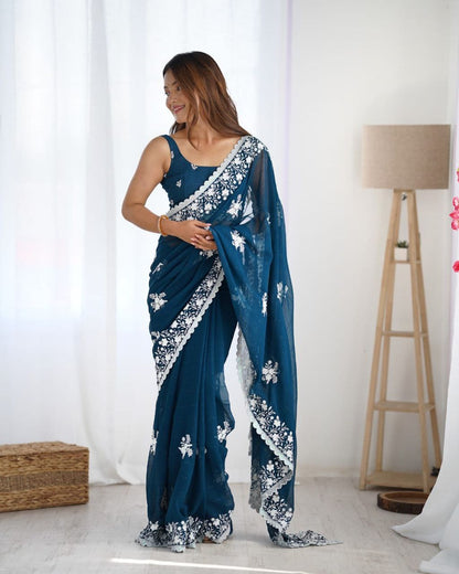 Teal Blue Georgette Saree Roohri