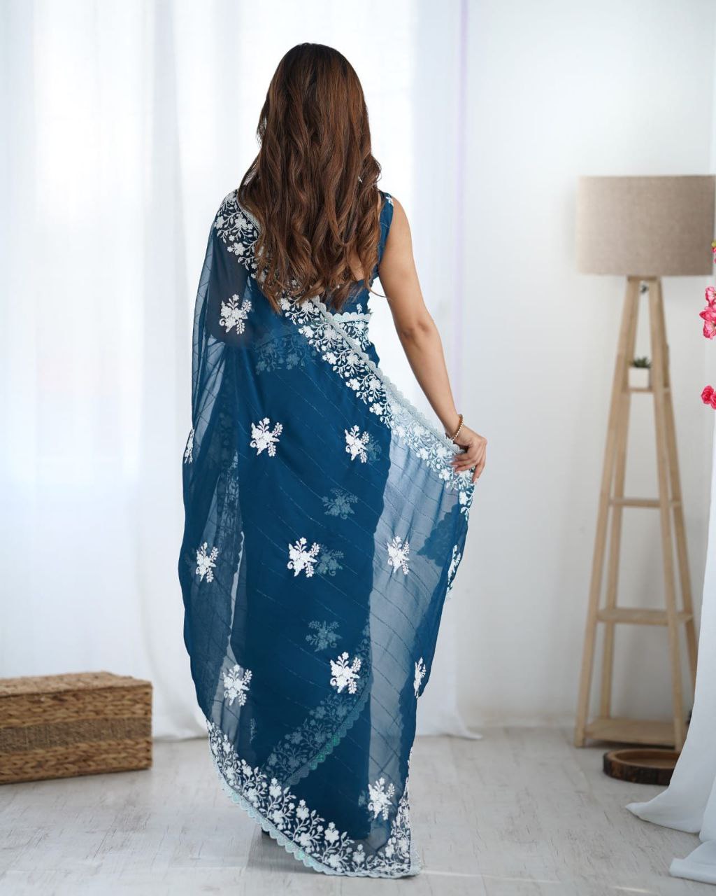Teal Blue Georgette Saree Roohri