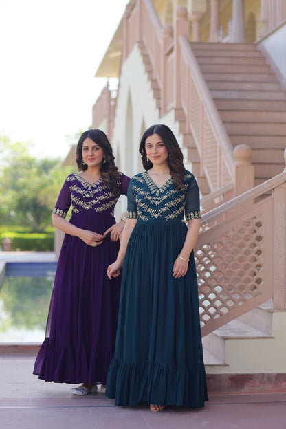 Teal Green Georgette Anarkali Gown Roohri