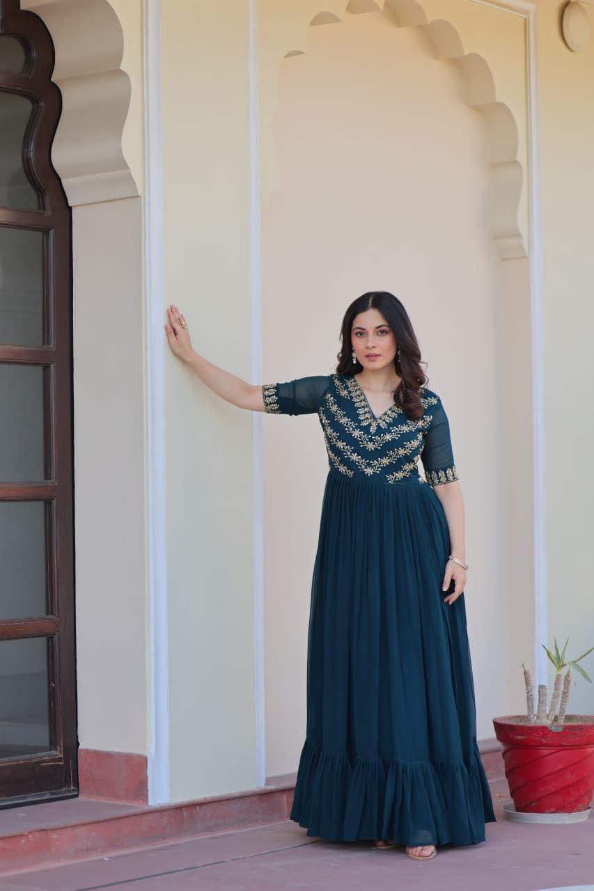 Teal Green Georgette Anarkali Gown Roohri