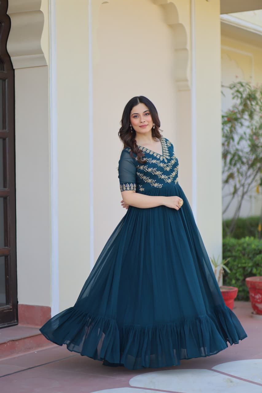 Teal Green Georgette Anarkali Gown Roohri