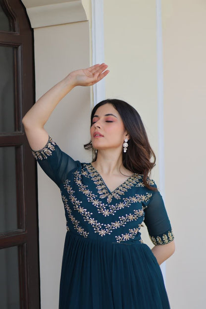 Teal Green Georgette Anarkali Gown Roohri