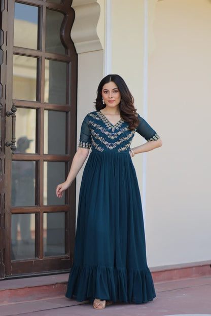 Teal Green Georgette Anarkali Gown Roohri