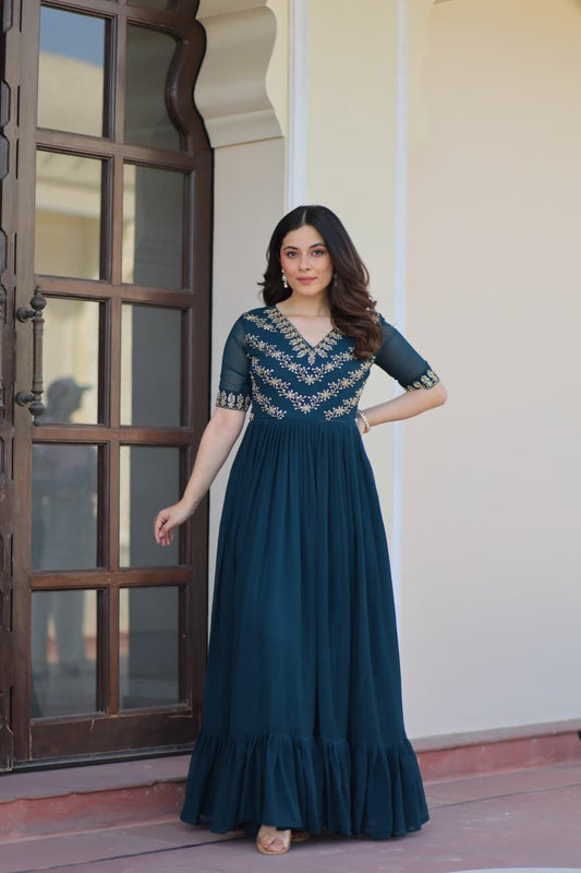 Teal Green Georgette Anarkali Gown Roohri