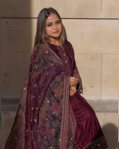 Velvet Embroidery Suit Set Roohri