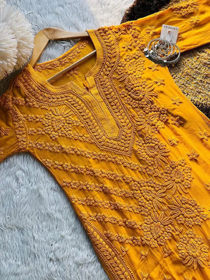 Mustard Viscose Chikankari Kurti Roohri