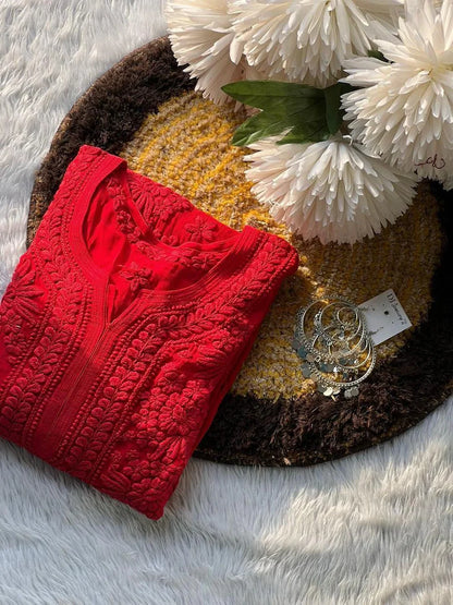 Red Viscose Chikankari Kurti Roohri