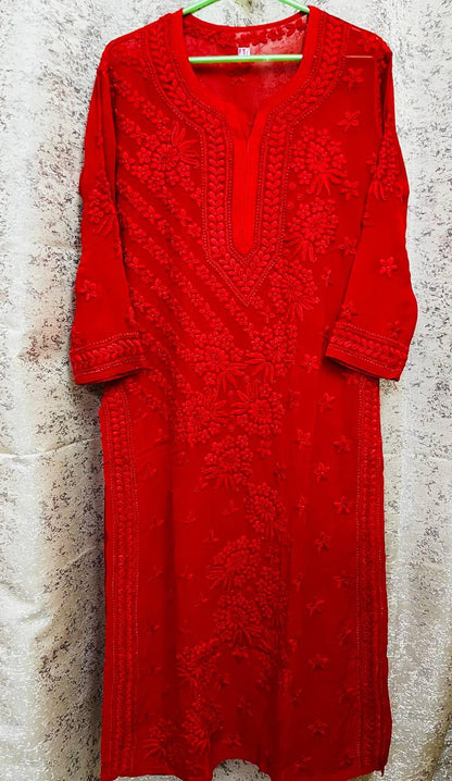 Red Viscose Chikankari Kurti Roohri