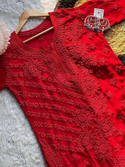 Red Viscose Chikankari Kurti Roohri
