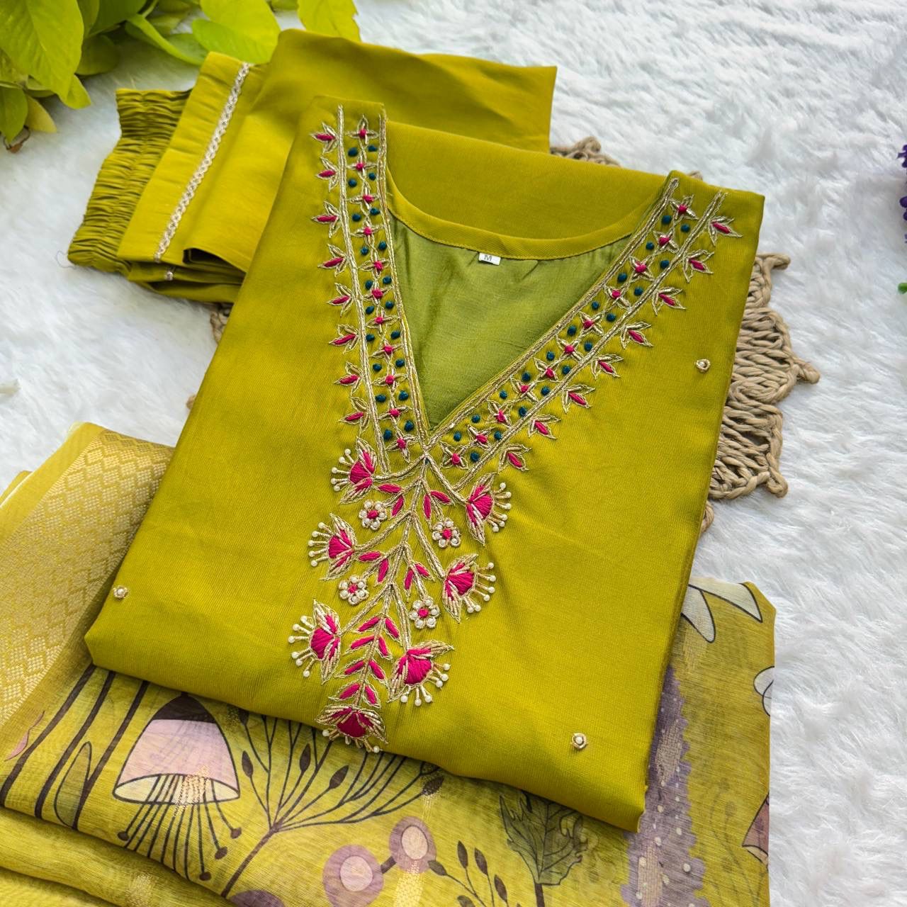 Green Hand Embroidered Suit Set Roohri