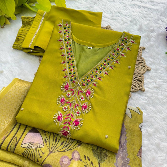 Green Hand Embroidered Suit Set Roohri