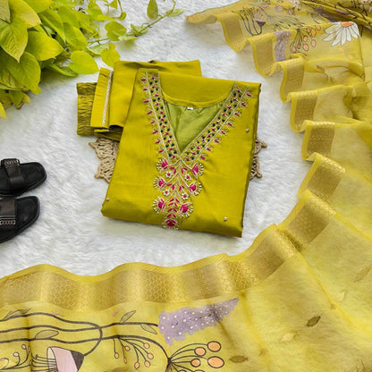 Green Hand Embroidered Suit Set Roohri