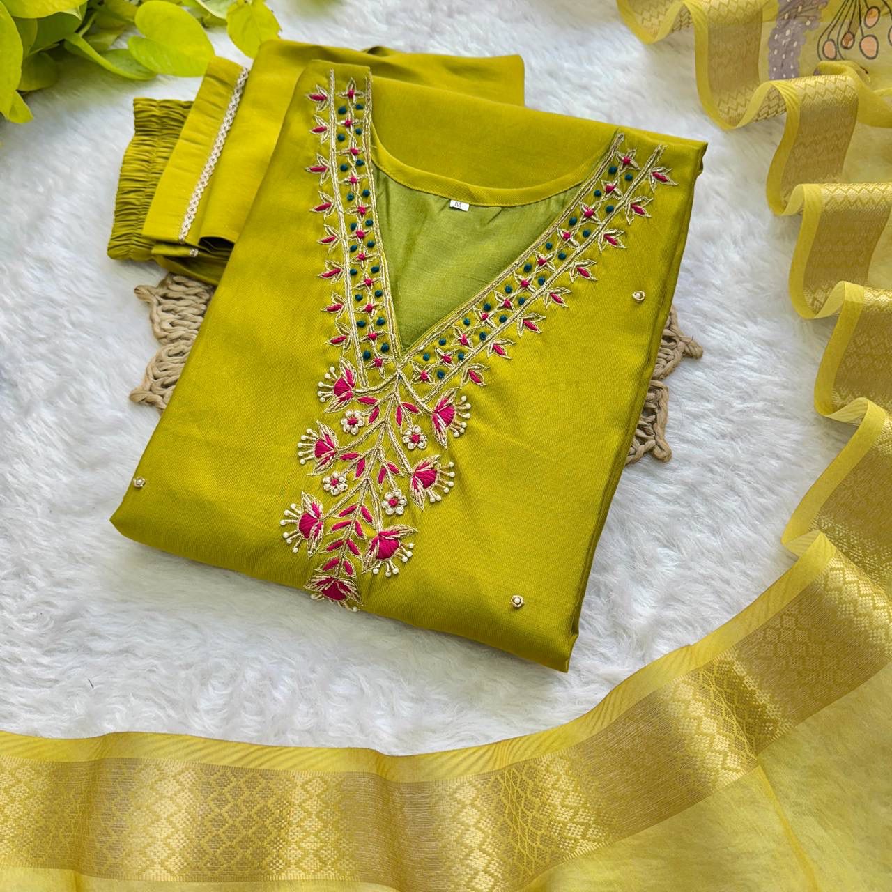 Green Hand Embroidered Suit Set Roohri