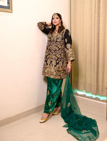 Black and Green Velvet Suit Set Roohri