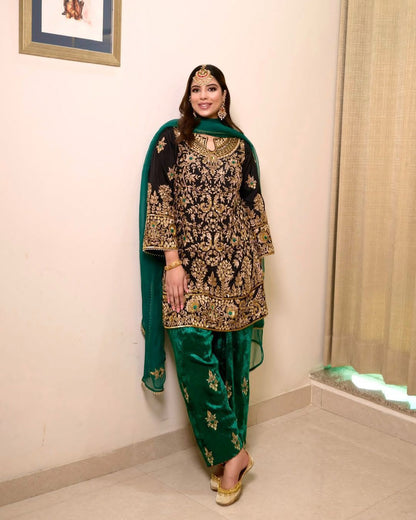 Black and Green Velvet Suit Set Roohri
