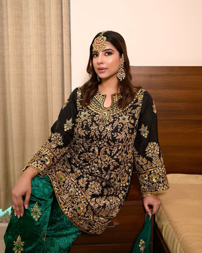 Black and Green Velvet Suit Set Roohri