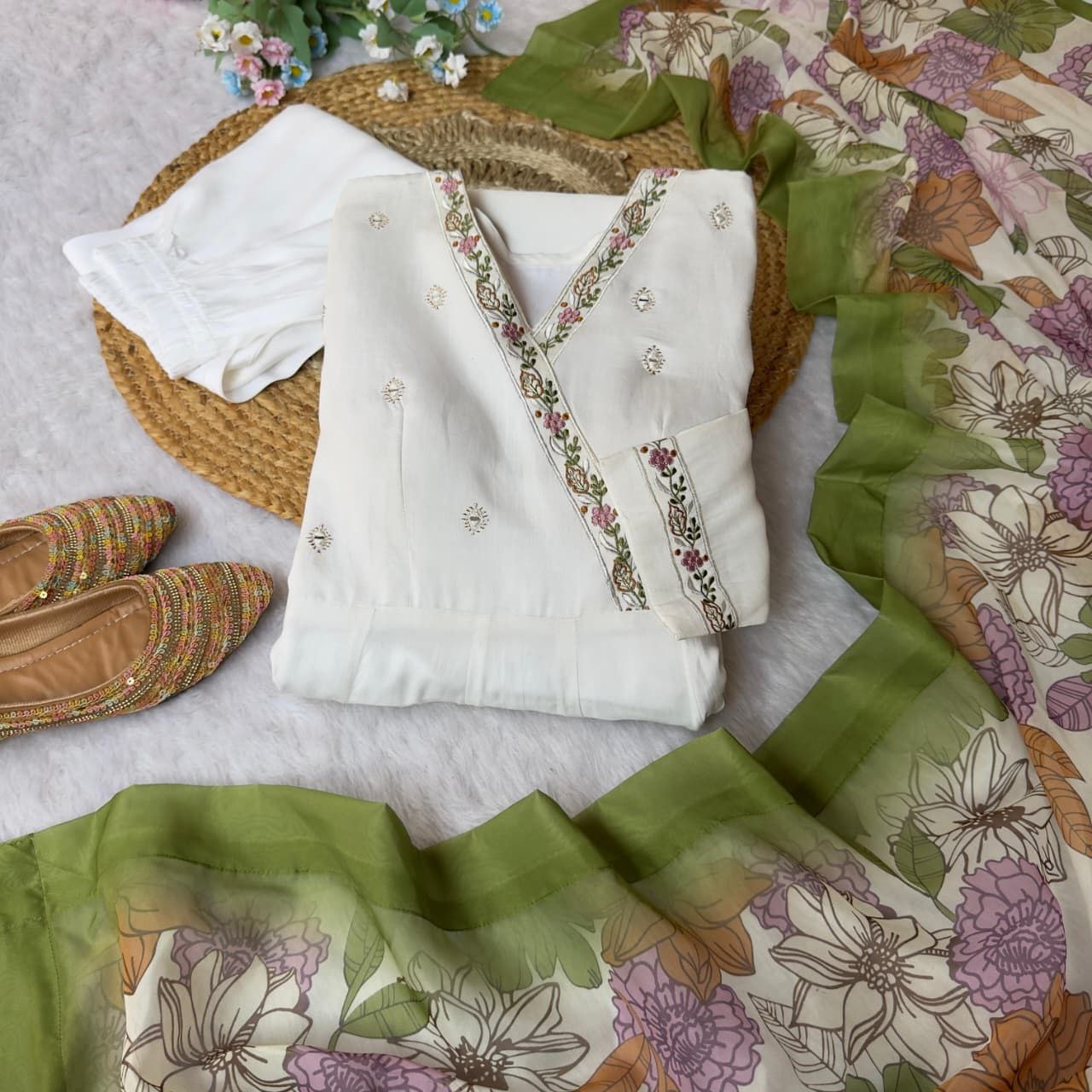 White Anarkali Suit Set Roohri