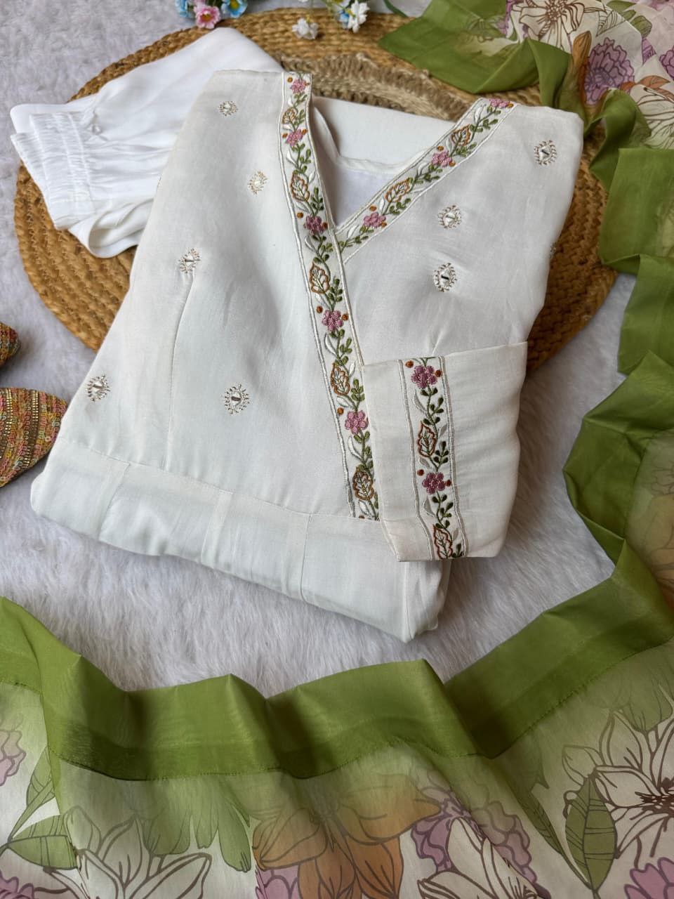 White Anarkali Suit Set Roohri