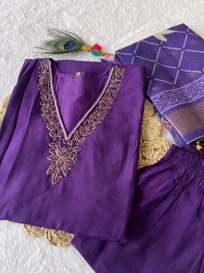 Wine Embroidered Suit Set Roohri