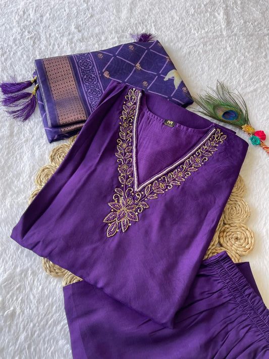 Wine Embroidered Suit Set Roohri