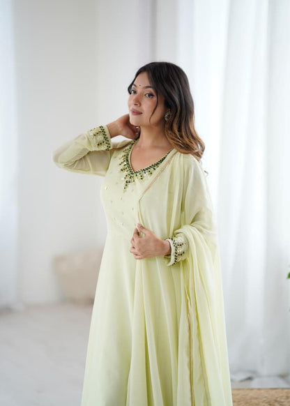 Pastel Lemon Yellow Anarkali Suit Set Roohri