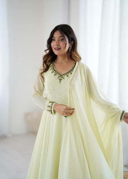 Pastel Lemon Yellow Anarkali Suit Set Roohri