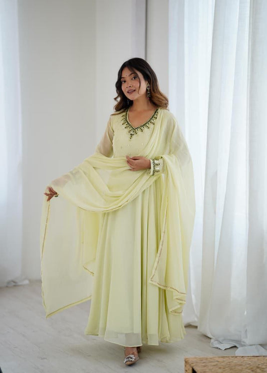 Pastel Lemon Yellow Anarkali Suit Set Roohri